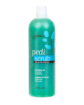 The closer angle of Deep Exfoliating Pedi Scrub Gel from Gena in a 16-ounce size with printed graphics and text on its bottle